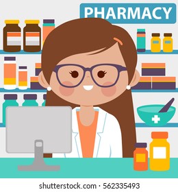 Female pharmacist in a pharmacy. Vector illustration