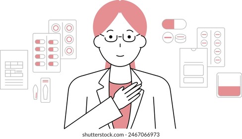 Female pharmacist putting hand on chest