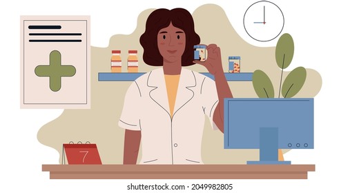 Female pharmacist stands behind the counter in a pharmacy.Pharmacy business, medicine, consulting medical treatment.Cartoon vector illustration.Eps10