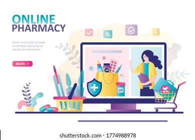 Female pharmacist with tablet on computer monitor. Concept of online pharmacy and healthcare. Bag with medical drugs, vitamin pills capsules. Website template or landing page. Flat vector illustration