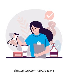 Female pharmacist testing cosmetics. Research and identification defects in cosmetic products. Safe beauty products concept. Medical laboratory. Clinical skincare. Cruelty free. Vector illustration