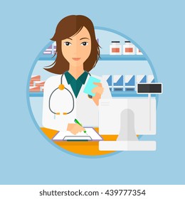 Female pharmacist writing on clipboard and holding prescription in hand. Pharmacist in medical gown standing at pharmacy counter. Vector flat design illustration in the circle isolated on background.