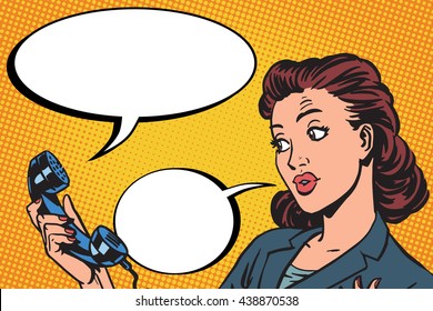 Female phone conversation communication pop art retro vector