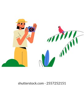 Female Photographer Capturing Bird In Flat Vector Illustration Symbolizing Wildlife Photography, Birdwatching, And Nature Exploration, Isolated On White Background