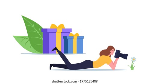 Female Photographer Character Take Part in Photography Competition or Photo Contest Concept. Woman Shoot Flower during Professional or Amateur Tournament. Cartoon People Vector Illustration