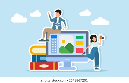 Female photographer doing a photo session while another sits on a monitor showing editing app near a stack of books illustration of learning photo editing for commercial use