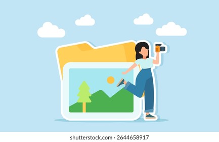 Female photographer doing a photo session near a photo album folder illustration of photo hunting for commercial or personal purposes