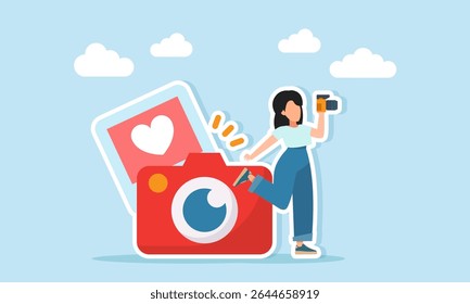 fotógrafa fazendo uma sessão de fotos perto de uma câmera e uma galeria de fotos com ícones de amor ilustração de um vlogger de beleza para marca pessoal