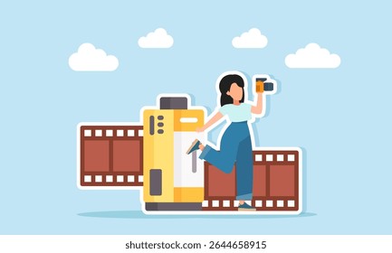 female photographer doing a photo shoot near a film camera illustration of a photo session for film production