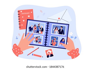 Female photographer hands holding family photo album flat vector illustration. Cartoon characters on retro photography. Happy memory and lifestyle concept
