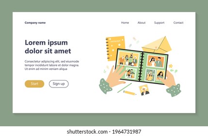 Female photographer hands holding family photo album flat vector illustration. Cartoon characters on retro photography. Happy memory and lifestyle concept