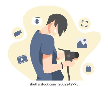 Female Photographer Holding Camera Smiling Flat Stock Vector (Royalty ...