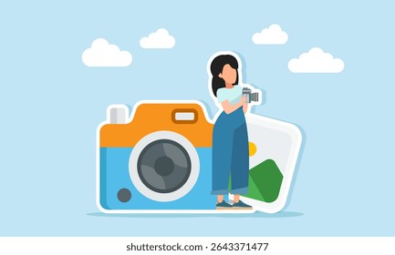 Female photographer holding a camera standing between a camera and a photo album illustration of content creator personal branding or beauty vlogger