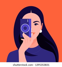 A female photographer holds a camera and takes a picture. Tourist and blogger. Vector flat illustration