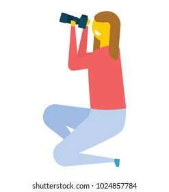 A female photographer kneeling down while taking a photo, flat vector icon 