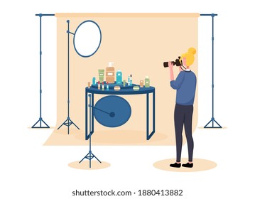 Female photographer on set doing commercial photography. Concept of professional commercial shoot with camera, lights, background and reflectors. Flat cartoon vector illustration