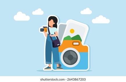 Fotografia feminina caça perto da câmera e galeria de fotos ilustração de captura de imagens para uso comercial ou pessoal