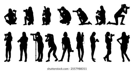 Female photographer silhouettes vector illustration set