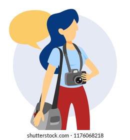 Female photographer standing and holding camera and talking using speech bubble. Artistic hobby. Isolated flat vector illustration