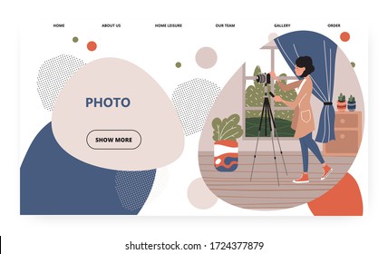 Weibliche Fotografen fotografieren im Heimstudio. Fotokamera auf Stativ. Zimmereinrichtung. Concept-Abbildung. Vector Website Design Template. Darstellung der Landungsseite