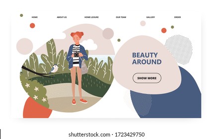 Female photographer takes picture on the nature. Birdwatching concept illustration. Bird photo, woman. Vector web site design template. Landing page website illustration