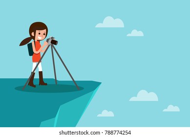 Female photographer taking photo on top of mountain, vector.