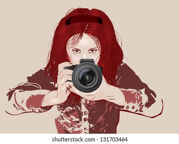 Female photographer taking photos with her digital camera, grunge illustration.