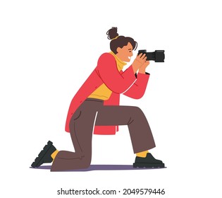 Female Photographer or Tourist with Photo Camera Making Picture. Creative Hobby, Woman Traveling, Paparazzi Character with Professional Equipment Waiting Moment for Shoot. Cartoon Vector Illustration