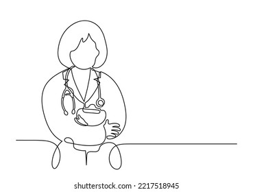 Female physician. Continuous line drawing doctor. 