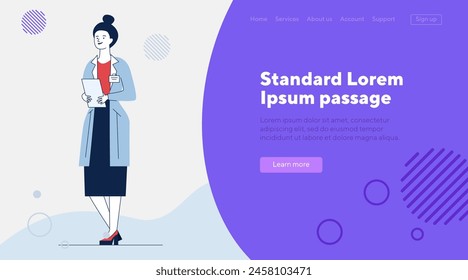 Female physician with medical history. Doctor in white coat flat vector illustration. Healthcare, consulting, examination concept for banner, website design or landing web page