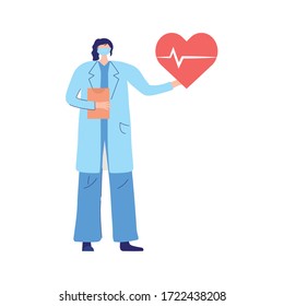 female physician with medical mask and heartbeat health vector illustration