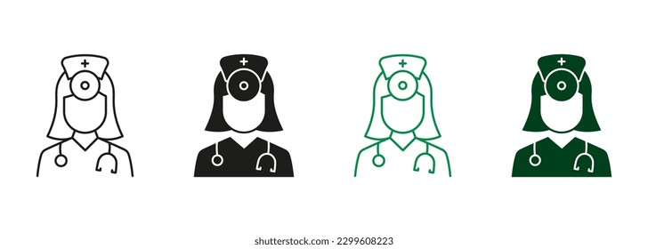Female Physicians Specialist and Assistant Black and Color Pictogram. Nurse Symbol Collection. Professional Doctor with Stethoscope Line and Silhouette Icon Set. Isolated Vector Illustration.