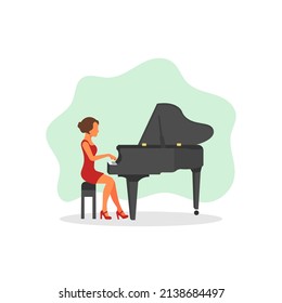 Female pianist playing piano simple flat vector character illustration.