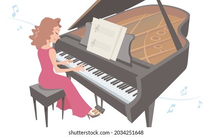 Female Piano Player Performing On Isolated White Background. Vector Illustration In Flat Cartoon Style.