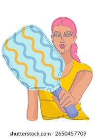 Female pickleball player illustration of pickleball player girl holding racket straight in front of her in modern flat style 