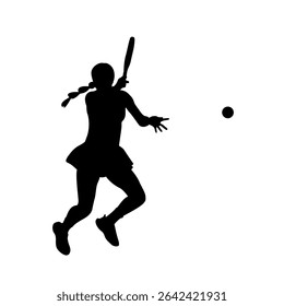 Female Pickleball Player Jumping with Paddle Silhouette Vector, Silhouette of Woman in Action Hitting Pickleball