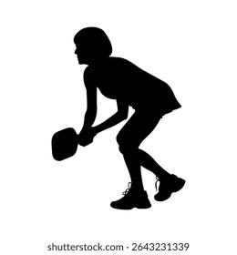 Female Pickleball Player Ready Position Silhouette, Focused Woman in Pickleball Defensive Stance Vector Art