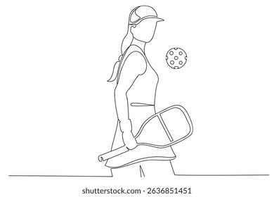 Female pickleball player silhouette in continuous one line drawing isolated on white background