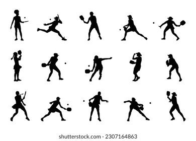 Female pickleball player silhouette on white background.
Woman Pickle ball player.
Lady  pickleball player playing silhouette.