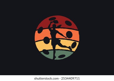 female pickleball player silhouette in retro style. It's great for t-shirt design, sticker, merchandise, etc.