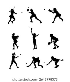Female Pickleball Player Silhouettes 9 Sporty Vector Poses, Dynamic Set of Women's Pickleball Action Silhouettes for Creative Use