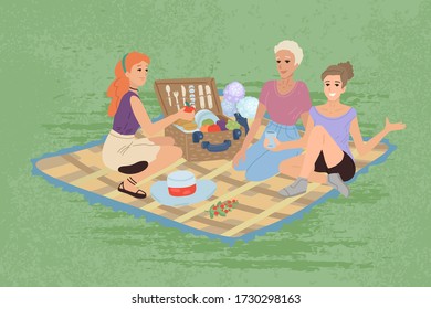 Female picnic in park. Women are relaxing outdoor in park. Family of mother, daughter and grandmother spending time together in the nature. Having lunch. Flat style. Vector illustration concept