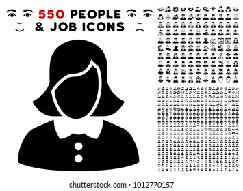 Female pictograph with 550 bonus pitiful and glad jobs icons. Vector illustration style is flat black iconic symbols.