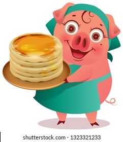 Female Pig cooks stack of pancakes, shrovetide carnival symbol. Isolated on white vector cartoon illustration