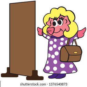 A female pig is looking in a mirror trying to decide if a purse goes with her outfit