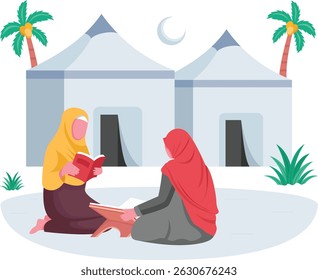 female pilgrimage reciting Quran at Mina concept, Women doing Study at Desert Oasis Ambience vector design, Eid al-Adha scene, Eid-al-Kabir Hajj banner, Traditional Arab Muslim Festival illustration