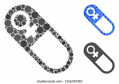 Female pill mosaic for female pill icon of round dots in different sizes and color tints. Vector round dots are combined into blue illustration. Dotted female pill icon in usual and blue versions.