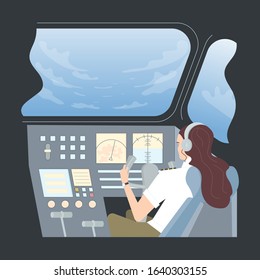 Female Pilot in Aircraft cockpit. Confident woman captain character travel by plane. Flat Art Vector Illustration
