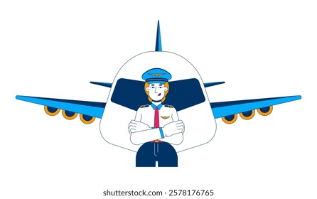 Female pilot with airplane cartoon flat illustration. Airline captain. Confident woman leader with crossed arms in aviation career 2D character isolated on white background. Vector colorful image