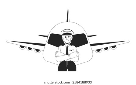 Female pilot with airplane linear illustration. Airline captain. Confident woman leader with crossed arms in aviation career 2D line character isolated on white. Monochrome vector outline image